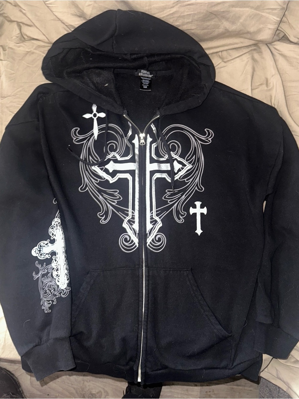 Social Collision Graphic Zip-Up Hoodie with Cross Design